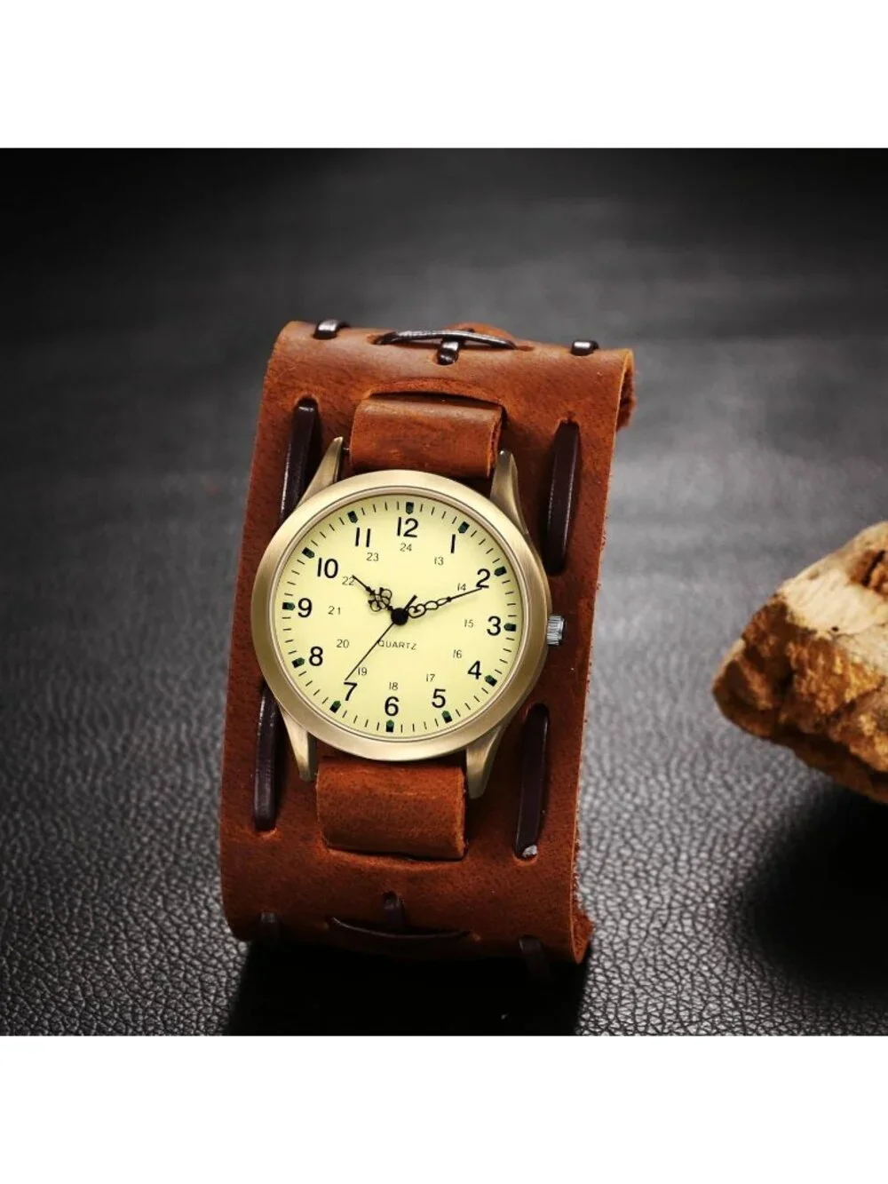 Unisex Brown Analog Quartz Arabic Numerals Leather Strap Vintage Wrist Watch